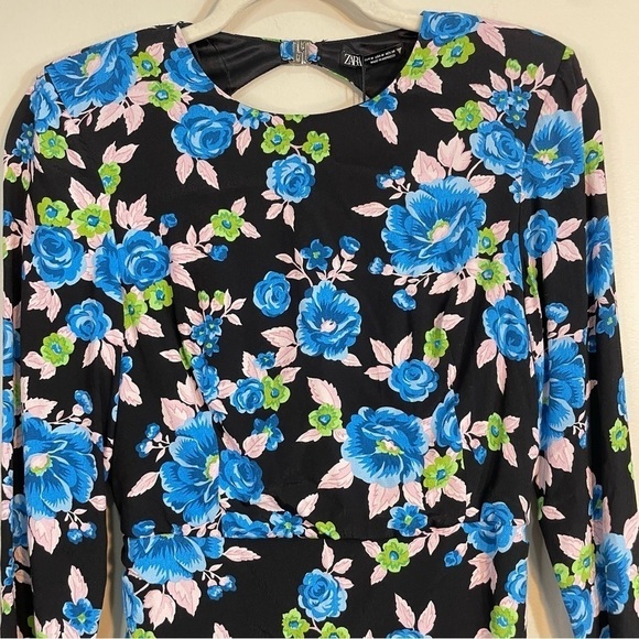 NWT Zara Floral Mini Long Sleeve Open Back Blue Black Dress Size Womens Medium - Picture 4 of 9